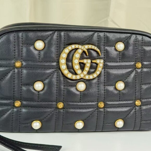 Gucci Black Leather Marmont Shoulder Bag Crossbody with Pearl Embellished - Picture 6 of 9